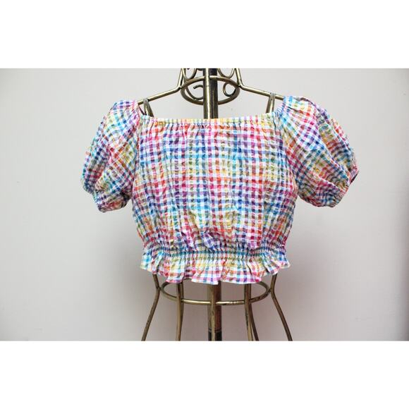 Caroline Constas Bardot Rainbow Grid Gingham Crop Puff Sleeve Top Size XS - Picture 5 of 6